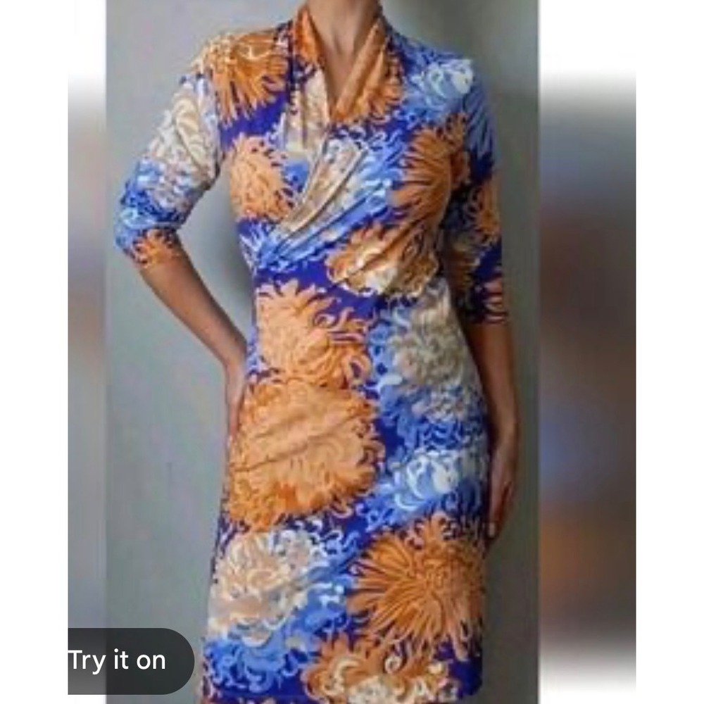 J.McLaughlin Catalina Cloth Faux Wrap Dress Womens L Blue Orange Floral Preppy